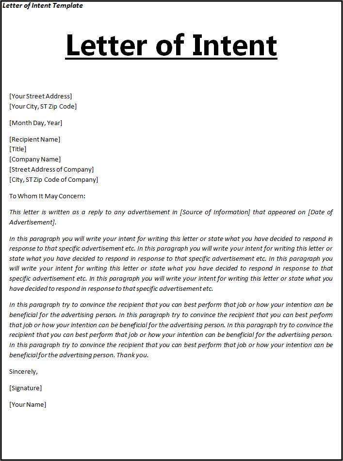 Image result for letter of intent template