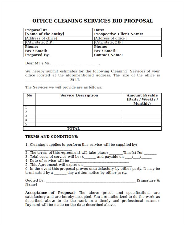 Bid proposal template for cleaning services