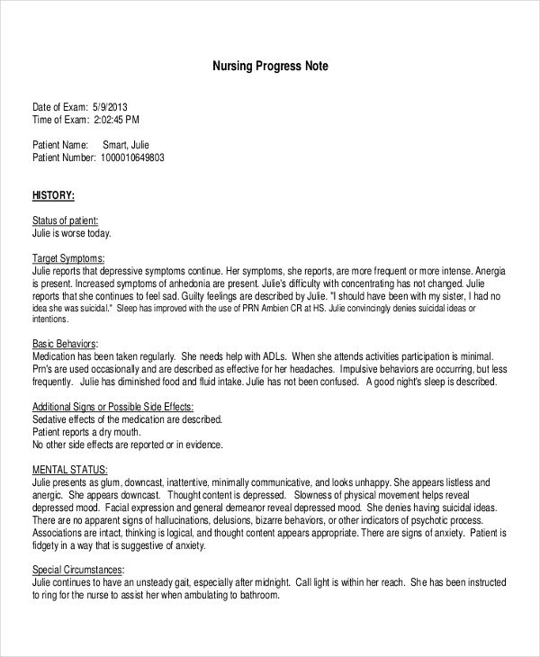 Nursing progress report template