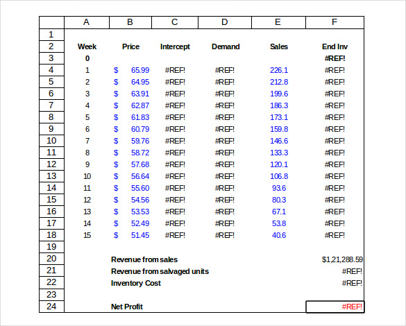 Price list of retail inventory template