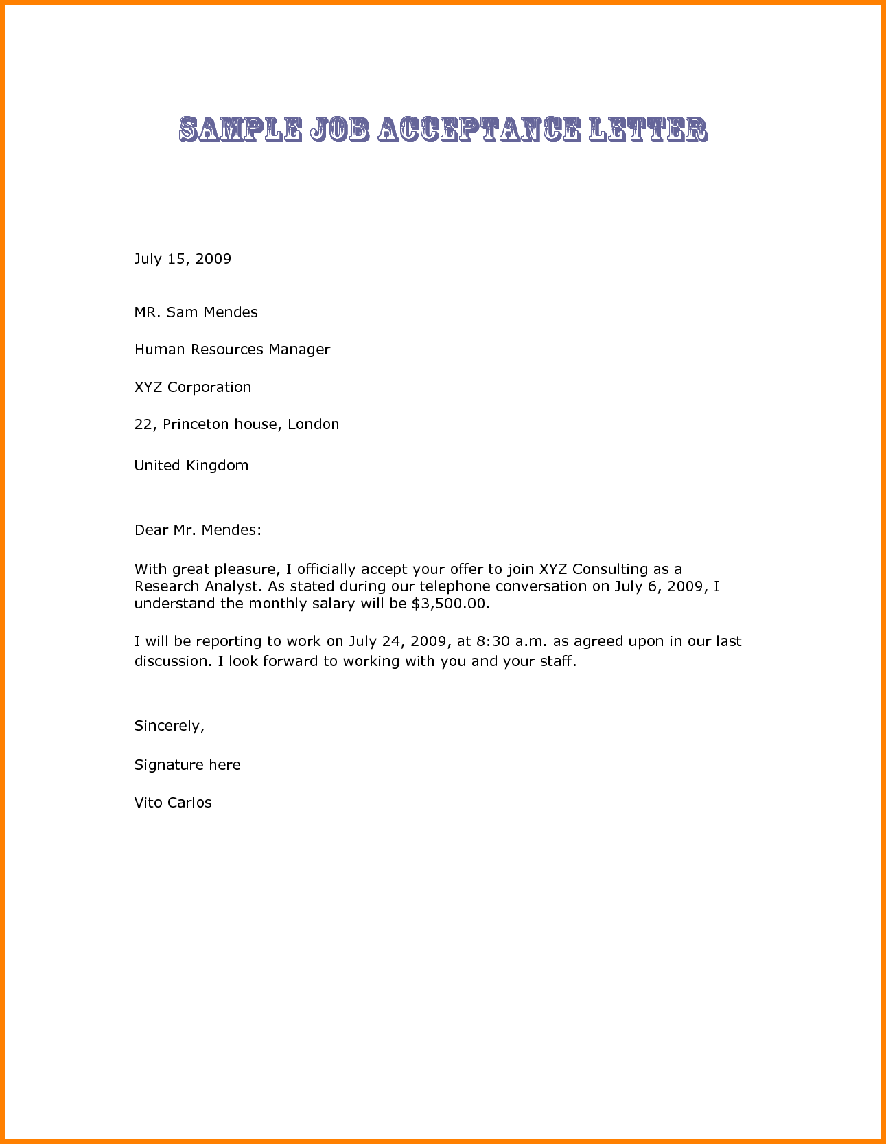 Teaching job acceptance letter