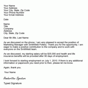 Job acceptance letter template