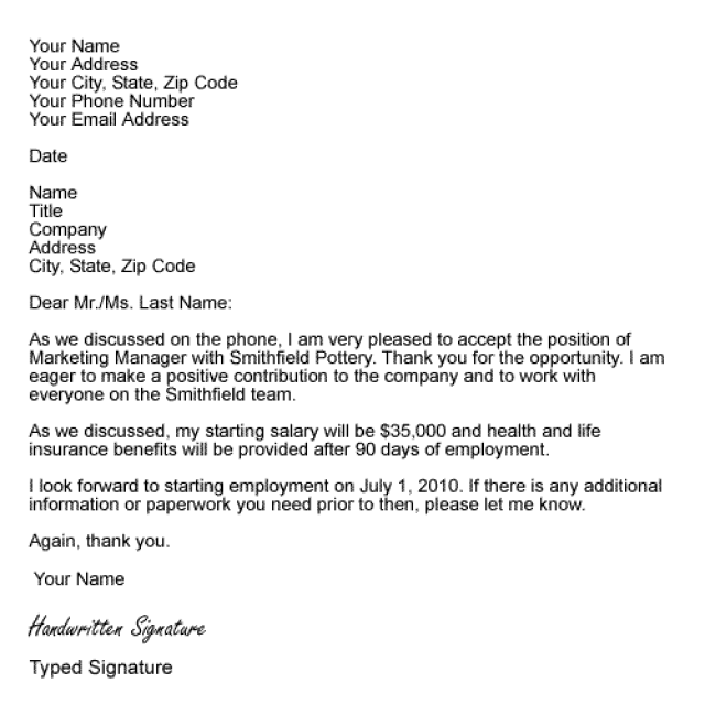 formal Job acceptance letter template