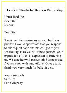 Thank You Letter For Business Partnership Examples