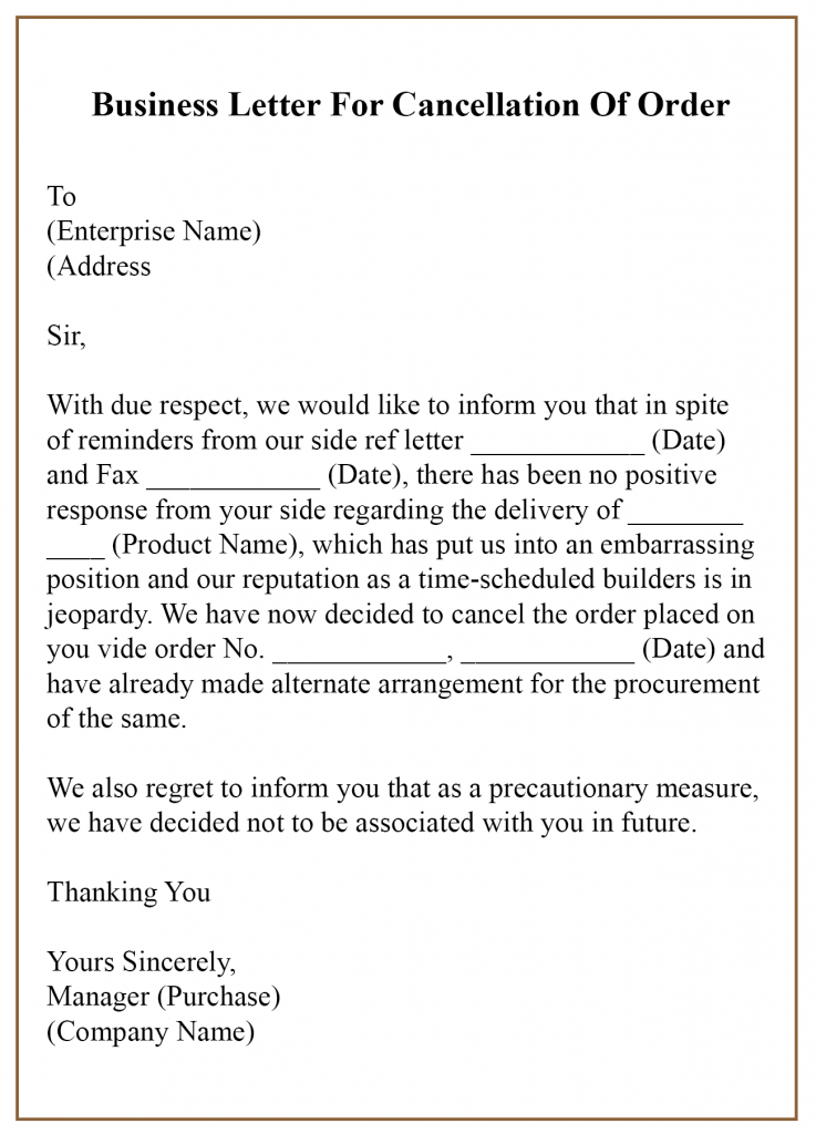 Business Letter For Cancellation of an Order