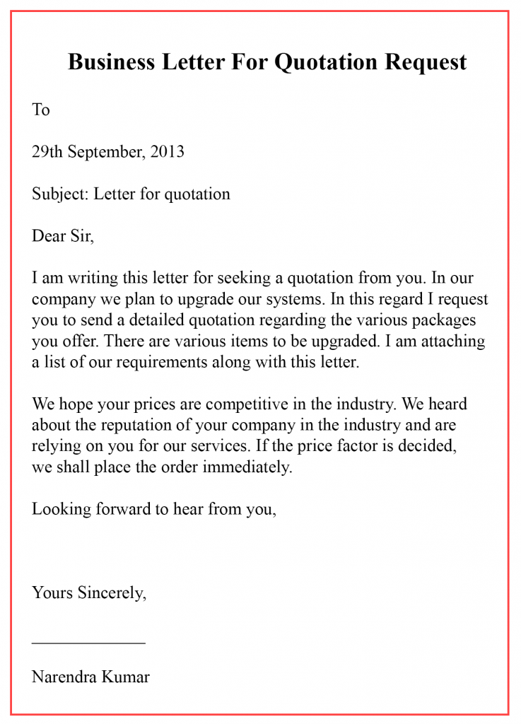 Business Letter For Quotation Request