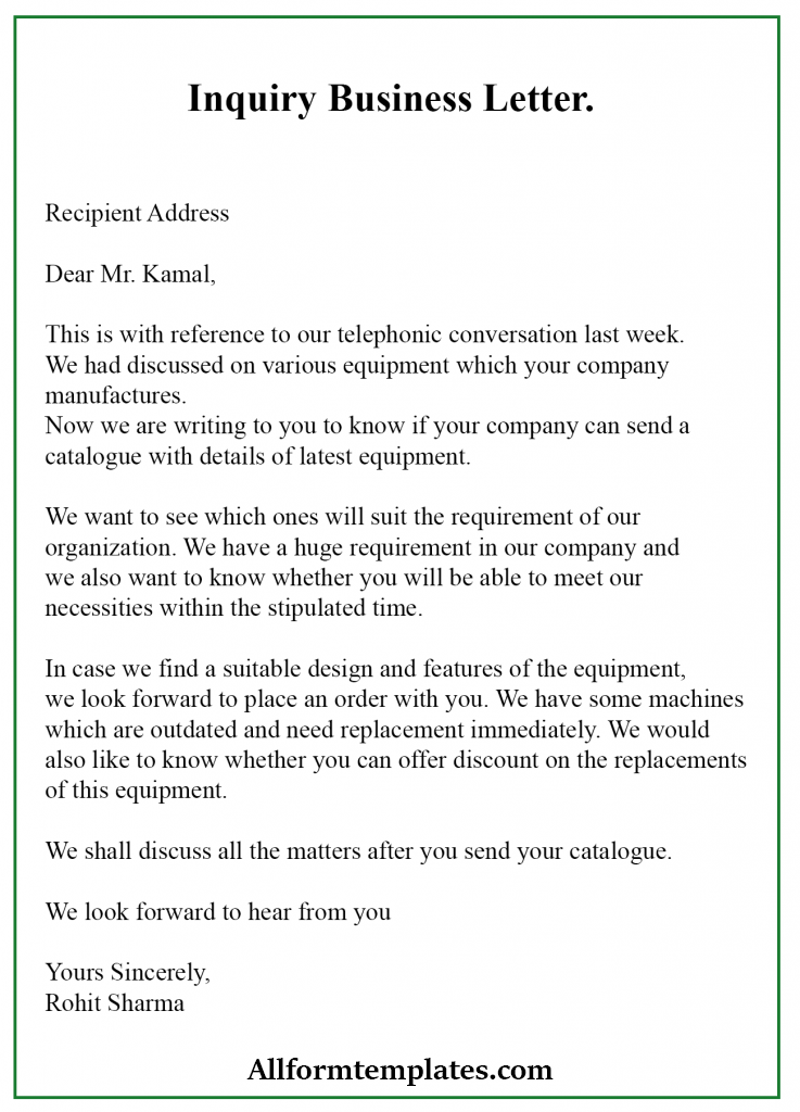 Inquiry Business Letter Sample