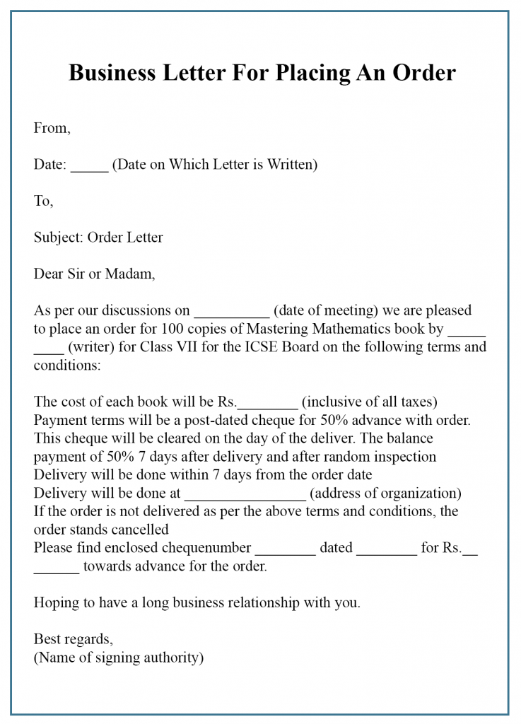 Sample Business Letter For Placing An Order