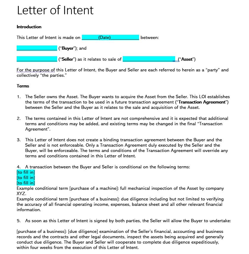 Letter of Intent template asset or business