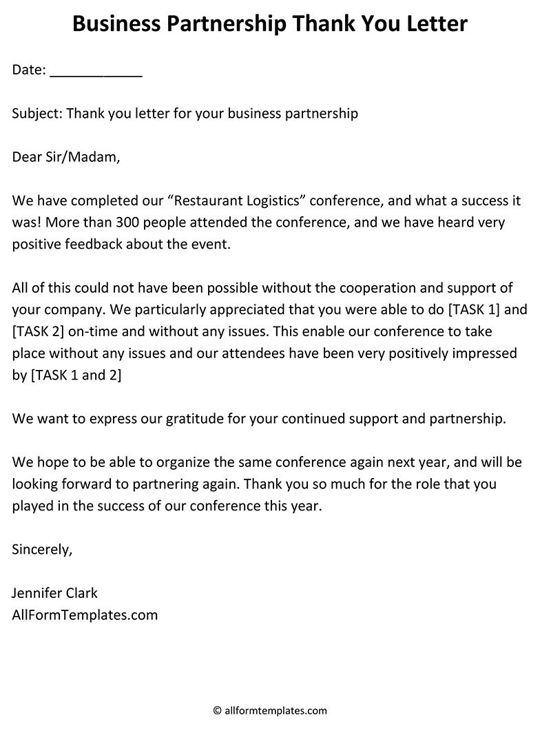 Thank You Letter For Business Partnership Template